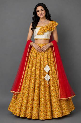 Off white yellow red printed cotton silk lehenga set