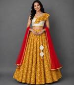 Off white yellow red printed cotton silk lehenga set
