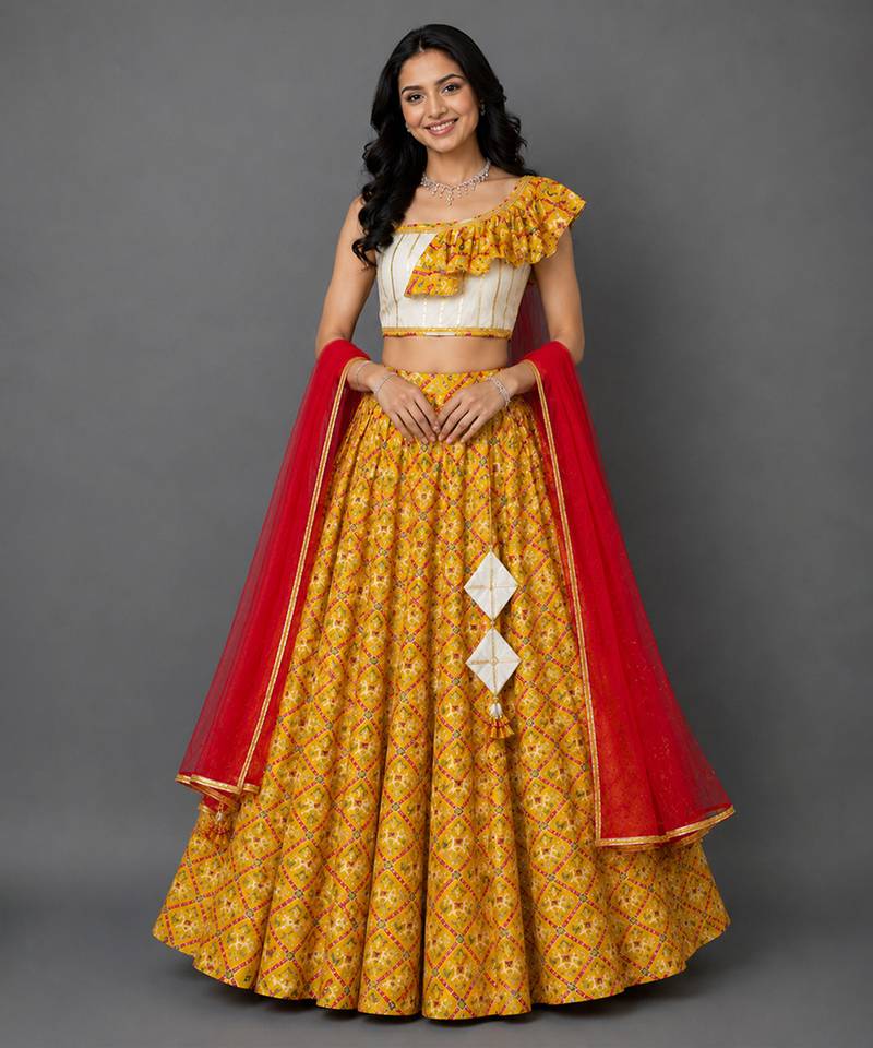 Off white yellow red printed cotton silk lehenga set