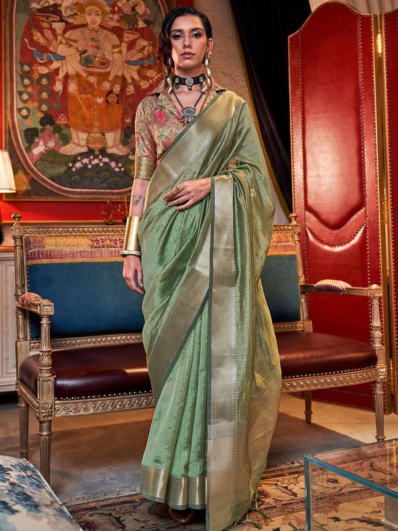 green striped woven design zari uppada celebrity saree