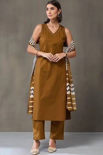 tailored women regular cotton kurta with trousers & with dupatta