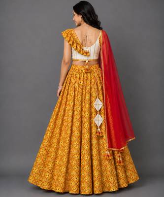 Off white yellow red printed cotton silk lehenga set 2