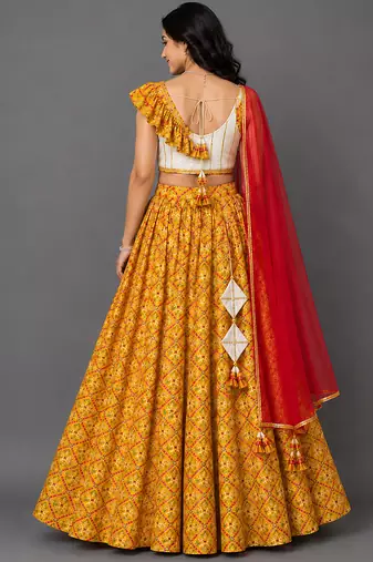 Off white yellow red printed cotton silk lehenga set