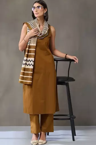 tailored women regular cotton kurta with trousers & with dupatta