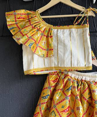 Off white yellow red printed cotton silk lehenga set 3