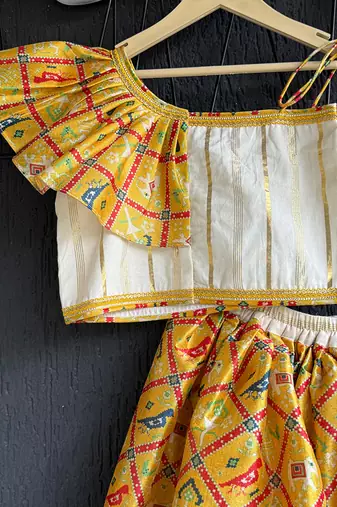 Off white yellow red printed cotton silk lehenga set
