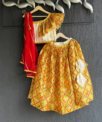 Off white yellow red printed cotton silk lehenga set 4