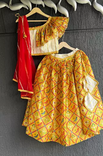 Off white yellow red printed cotton silk lehenga set