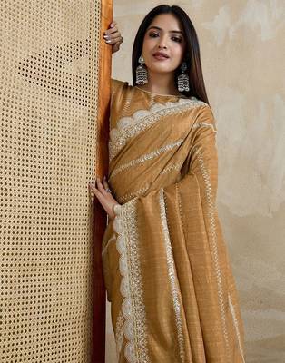 mustard embroidered silk blend saree 1