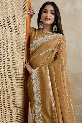 mustard embroidered silk blend saree