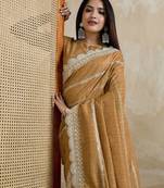 mustard embroidered silk blend saree