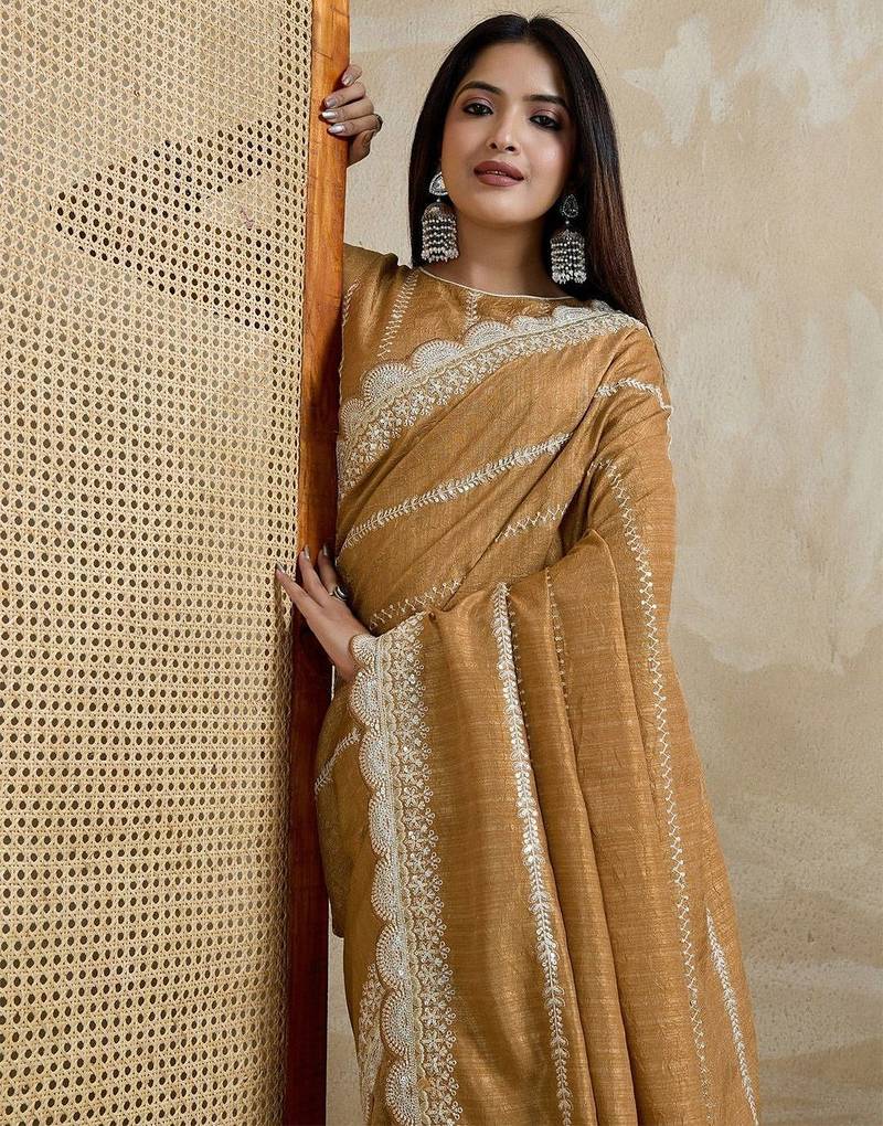mustard embroidered silk blend saree