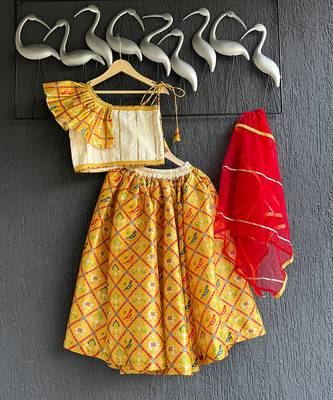 Off white yellow red printed cotton silk lehenga set 5