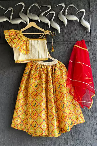 Off white yellow red printed cotton silk lehenga set