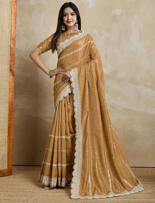 mustard embroidered silk blend saree 2