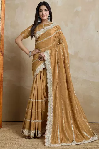 mustard embroidered silk blend saree