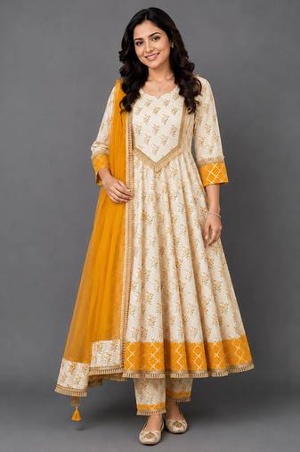 Off white orange printed cotton silk anarkali set