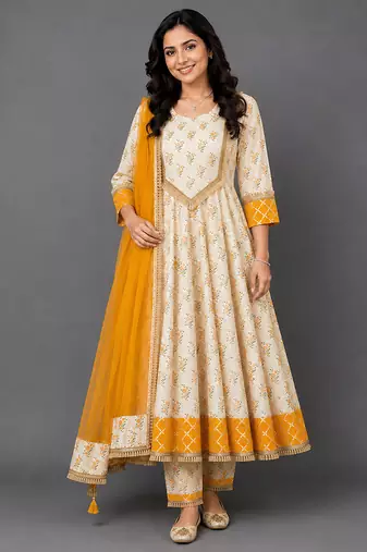 Off white orange printed cotton silk anarkali set
