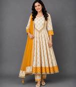 Off white orange printed cotton silk anarkali set