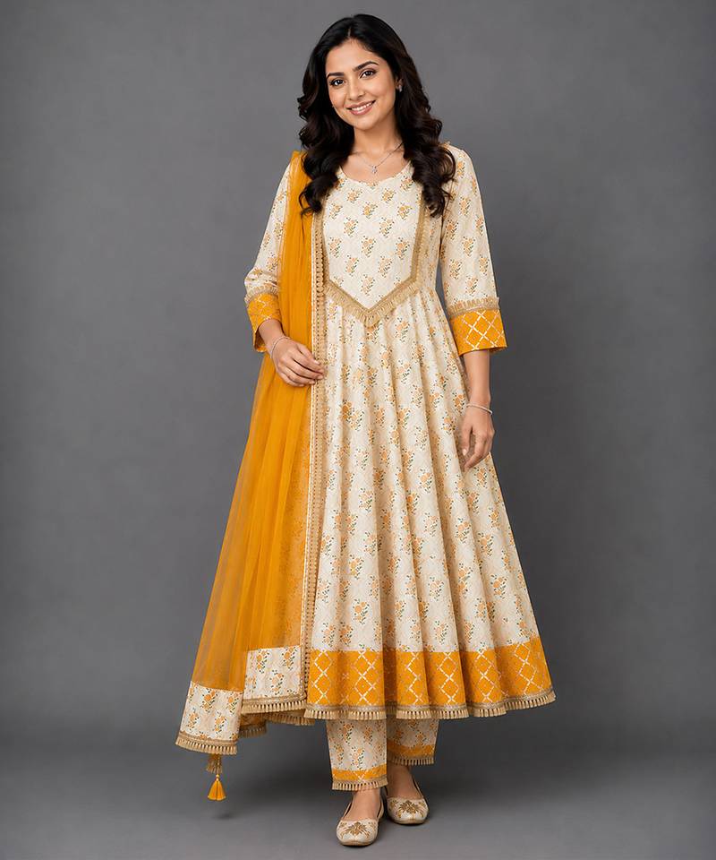 Off white orange printed cotton silk anarkali set