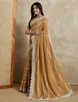 mustard embroidered silk blend saree 3