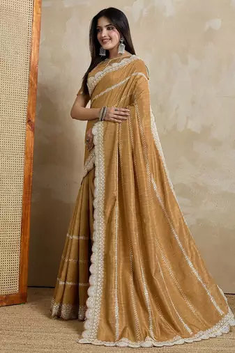 mustard embroidered silk blend saree