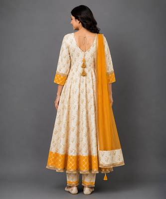 Off white orange printed cotton silk anarkali set 2