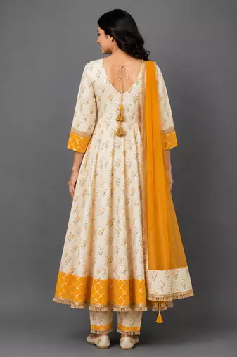 Off white orange printed cotton silk anarkali set