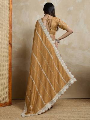 mustard embroidered silk blend saree 4