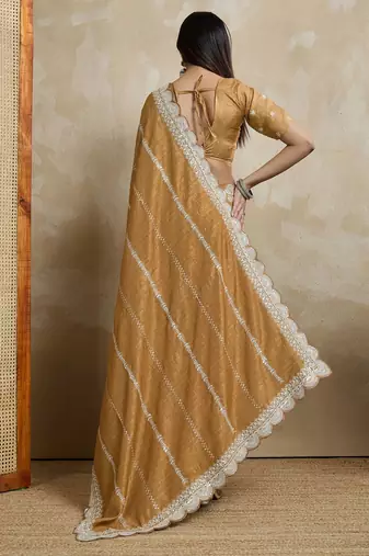 mustard embroidered silk blend saree
