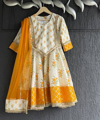 Off white orange printed cotton silk anarkali set 3