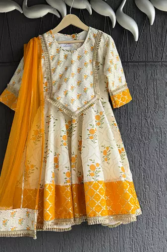 Off white orange printed cotton silk anarkali set