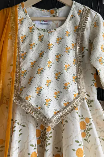 Off white orange printed cotton silk anarkali set