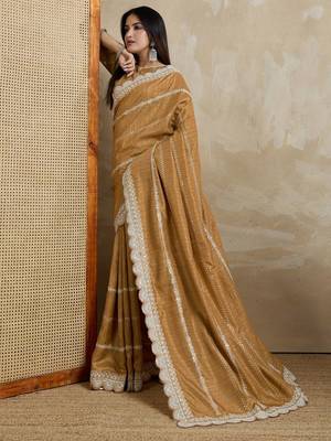 mustard embroidered silk blend saree 5
