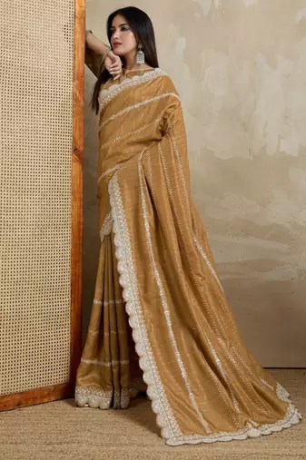 mustard embroidered silk blend saree