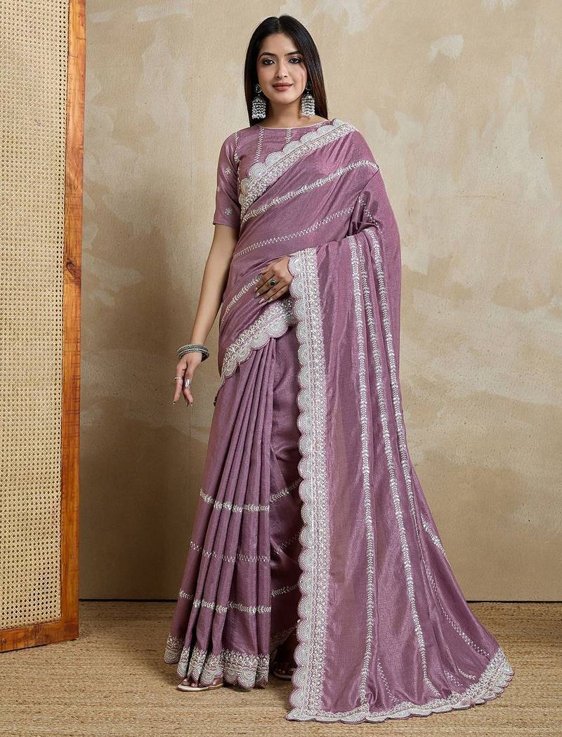 mauve embellished embroidered silk blend saree