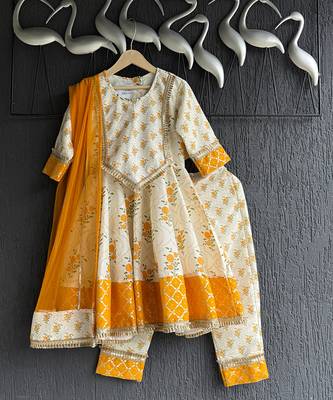 Off white orange printed cotton silk anarkali set 5