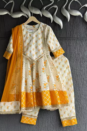 Off white orange printed cotton silk anarkali set