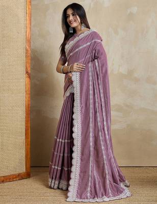 mauve embellished embroidered silk blend saree 2