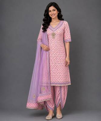 Pink lavander printed cotton silk kurta dhoti set 1