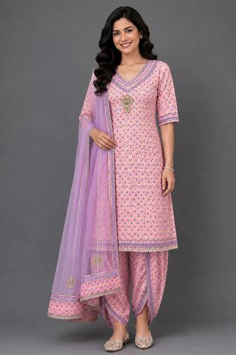 Pink lavander printed cotton silk kurta dhoti set