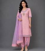 Pink lavander printed cotton silk kurta dhoti set