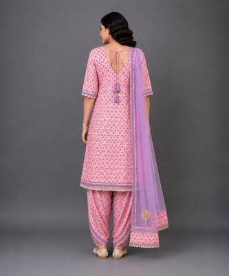 Pink lavander printed cotton silk kurta dhoti set 2