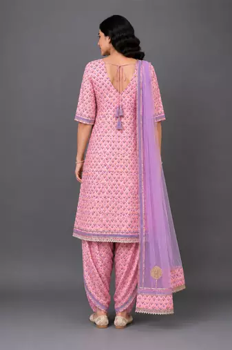 Pink lavander printed cotton silk kurta dhoti set