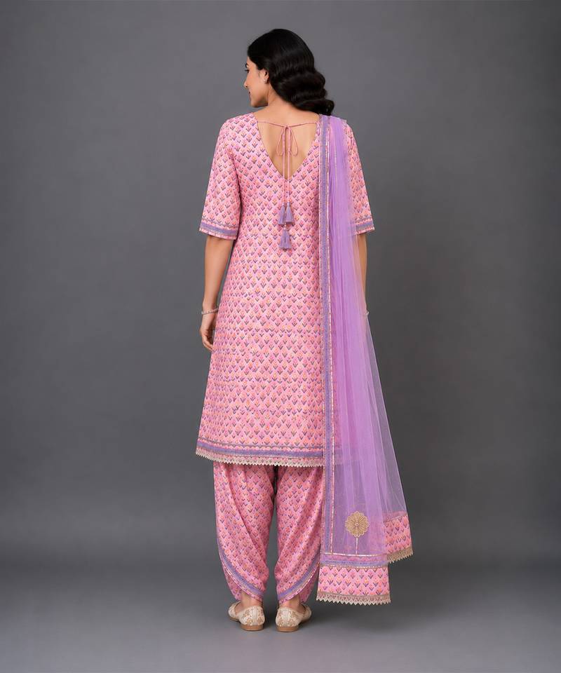 Pink lavander printed cotton silk kurta dhoti set