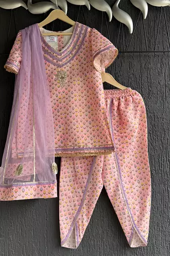 Pink lavander printed cotton silk kurta dhoti set