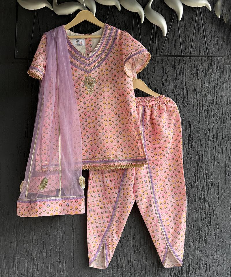 Pink lavander printed cotton silk kurta dhoti set