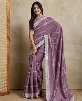 mauve embellished embroidered silk blend saree 4