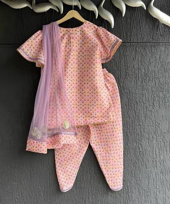 Pink lavander printed cotton silk kurta dhoti set 4