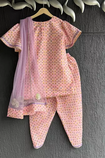 Pink lavander printed cotton silk kurta dhoti set